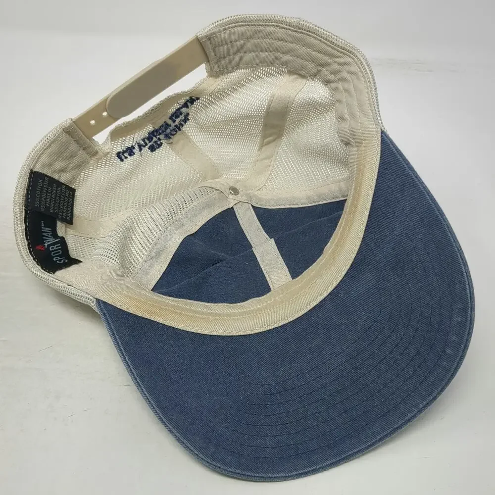 Sportsman Trucker Hat Blue White One Size Leather Patch Mesh St John USVI Bar